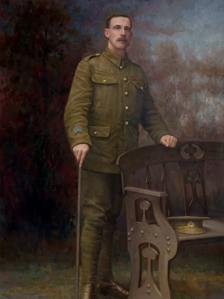 Full-length portrait of a soldier in khaki uniform standing with a cane beside a carved bench, painted from a sepia photograph, hand-painted in oil from a photograph