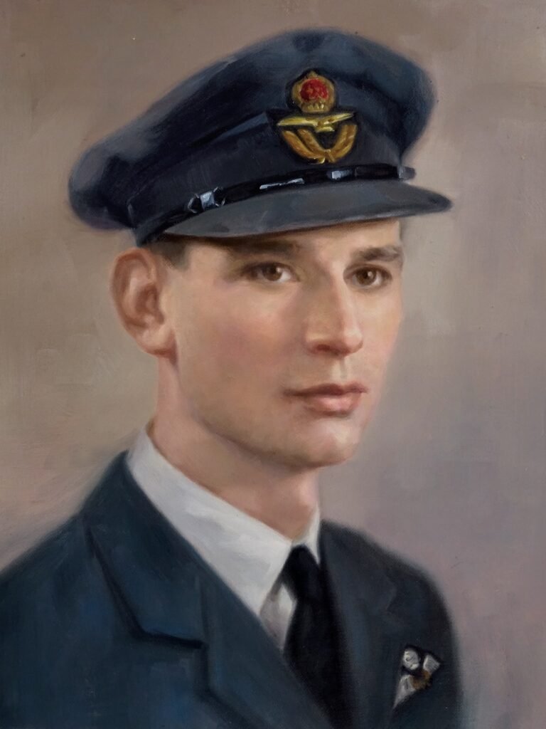 Close portrait of a young man in a blue-grey uniform and peaked cap, hand-painted in oil from a photograph