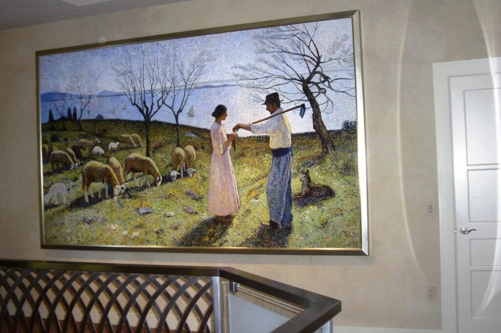 A large framed pastoral reproduction on a hotel wall