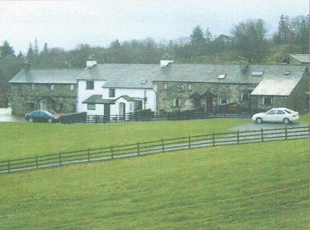 Photographic reference of a row of stone cottages behind a fenced field, with cars parked in front