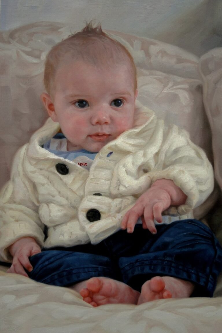 Portrait of a baby in a cream knitted jacket, hand-painted in oil from a photograph