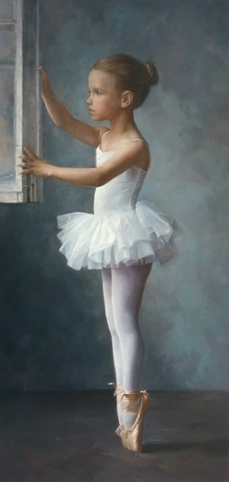Portrait of a child in ballet dress by a window, hand-painted in oil from a photograph