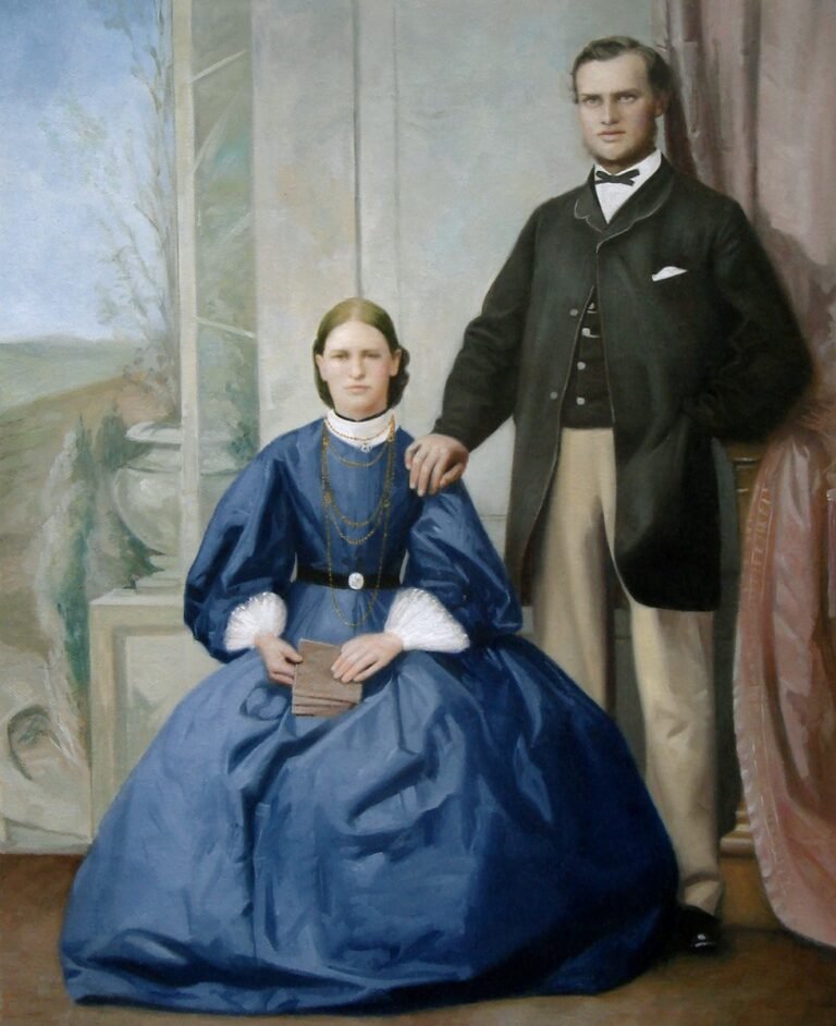 Full-length portrait of a couple, the woman seated in a blue dress, hand-painted in oil from a photograph