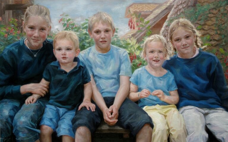 Group portrait of five children seated together outdoors, hand-painted in oil from a photograph