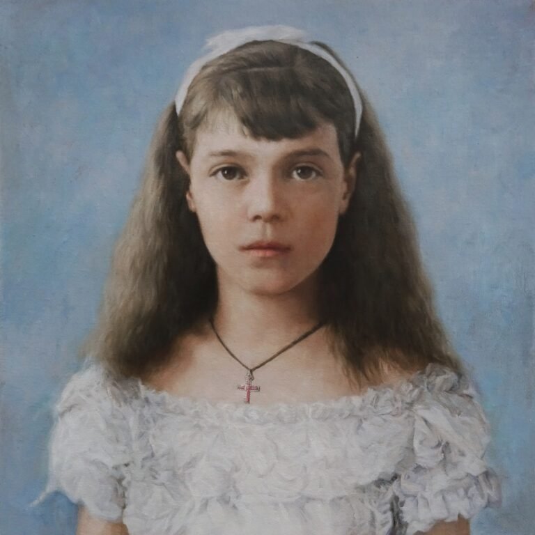 Portrait of a girl in a white dress and headband, hand-painted in oil from a photograph