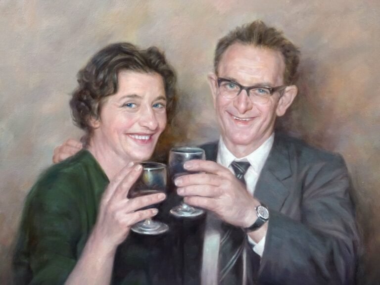 Portrait of a smiling couple raising their glasses, hand-painted in oil from a photograph
