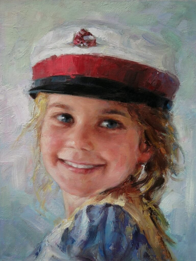 Portrait of a smiling girl in a red and white cap, hand-painted in oil from a photograph