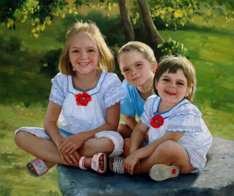 Portrait of three children sitting together in a sunlit garden, hand-painted in oil from a photograph