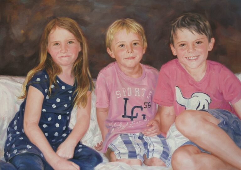 Portrait of three children sitting close together, hand-painted in oil from a photograph