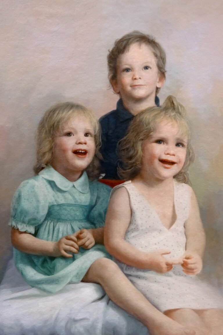 Group portrait of three young children, hand-painted in oil from a photograph