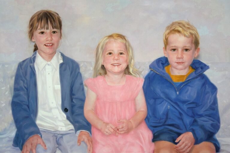 Portrait of three young children seated side by side, hand-painted in oil from a photograph