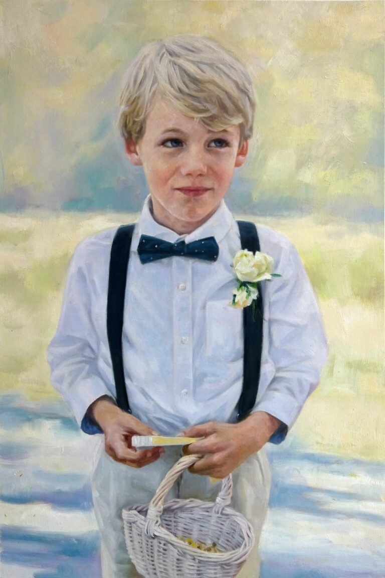 Portrait of a young boy in a bow tie and braces holding a basket, hand-painted in oil from a photograph