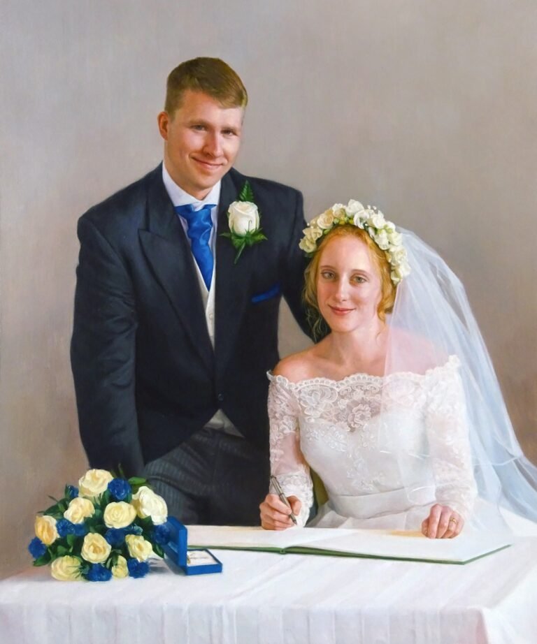 Wedding portrait of a couple seated at the signing table, hand-painted in oil from a photograph