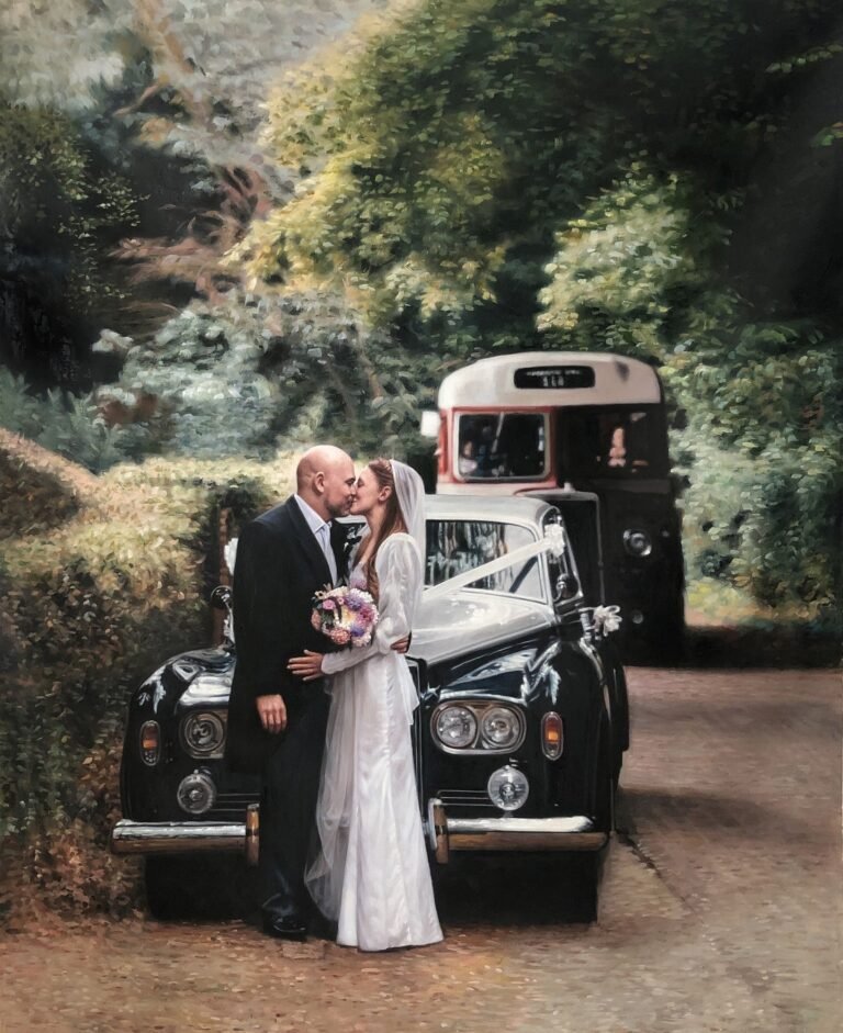 Wedding portrait of a couple beside a vintage wedding car and bus, hand-painted in oil from a photograph