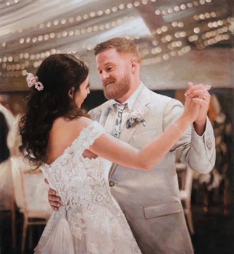 Wedding portrait of a couple dancing beneath strings of lights, hand-painted in oil from a photograph