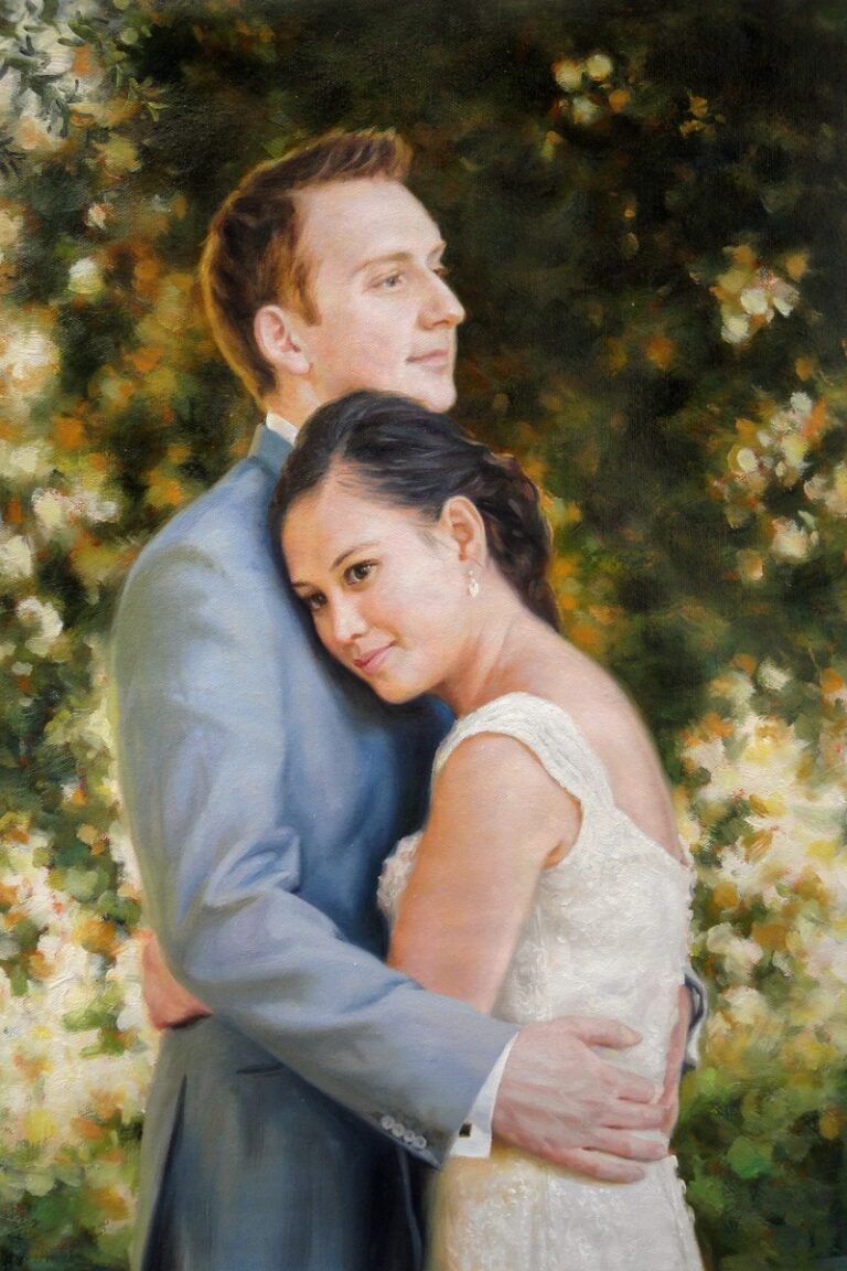 Wedding portrait of a couple embracing among blossom, hand-painted in oil from a photograph
