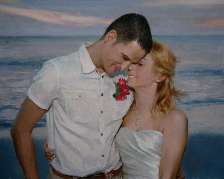 Wedding portrait of a couple embracing by the sea, hand-painted in oil from a photograph