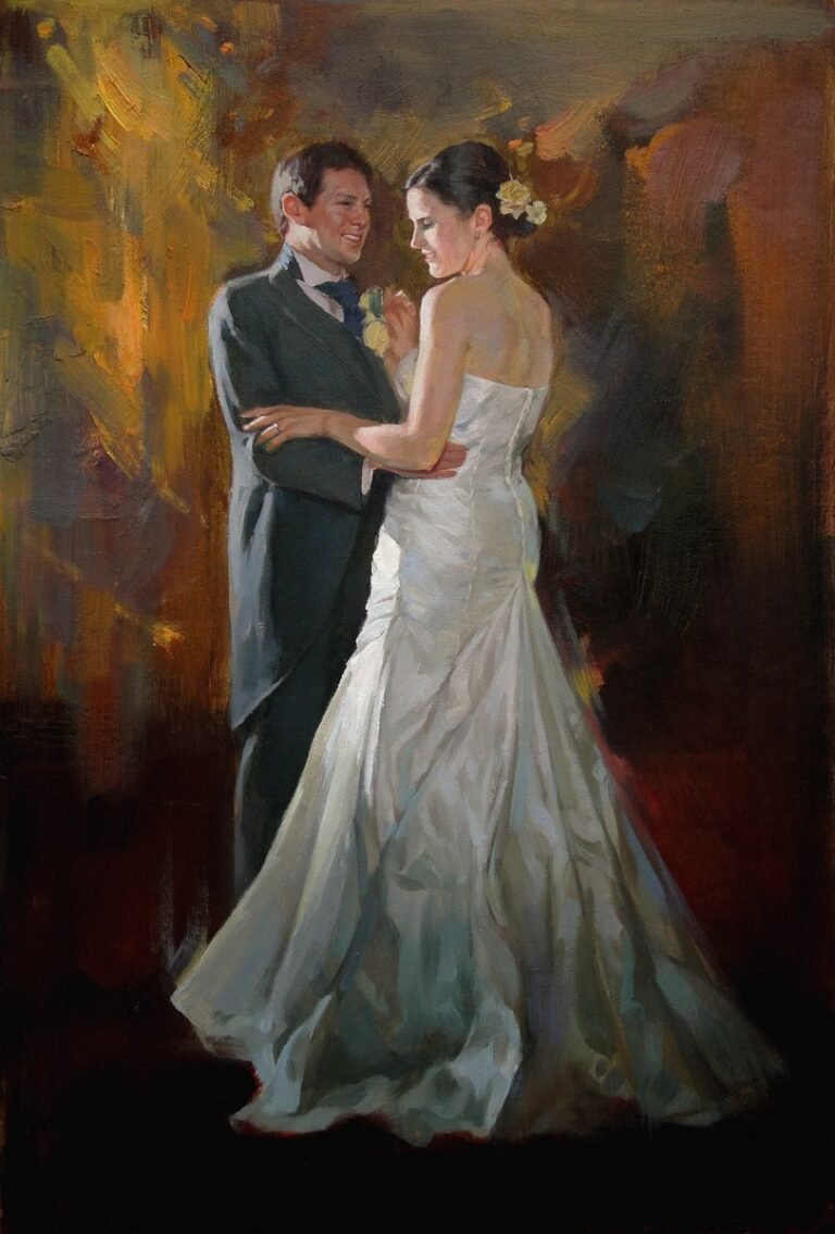 Wedding portrait of a couple painted in a looser style, hand-painted in oil from a photograph