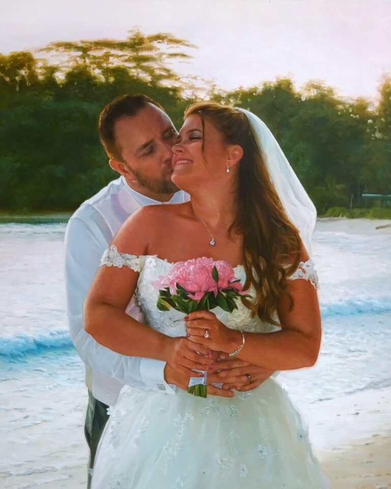 Informal wedding portrait of a couple on a beach, hand-painted in oil from a photograph