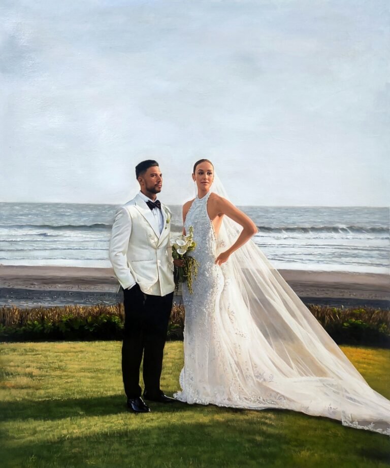 Full-length wedding portrait of a couple on a lawn by the sea, hand-painted in oil from a photograph